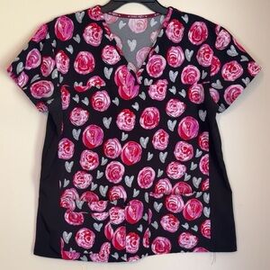 Divine Stretch Womens V-Neck Printed Scrub Top Hearts and Roses Pattern Medium
